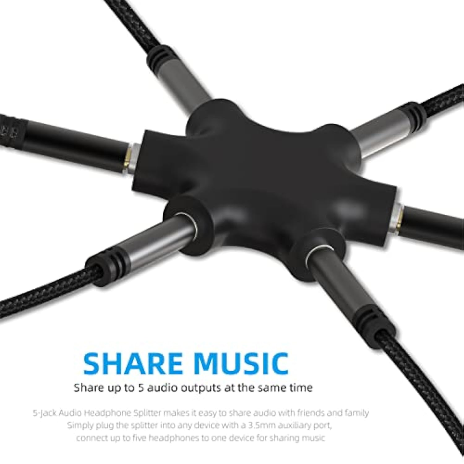 3.5Mm Multi Headphone Audio Splitter 5-Jack Female Connector Adapter With 3.5Mm Stereo Cable 20Cm & 100Cm, 3-In-1Pack