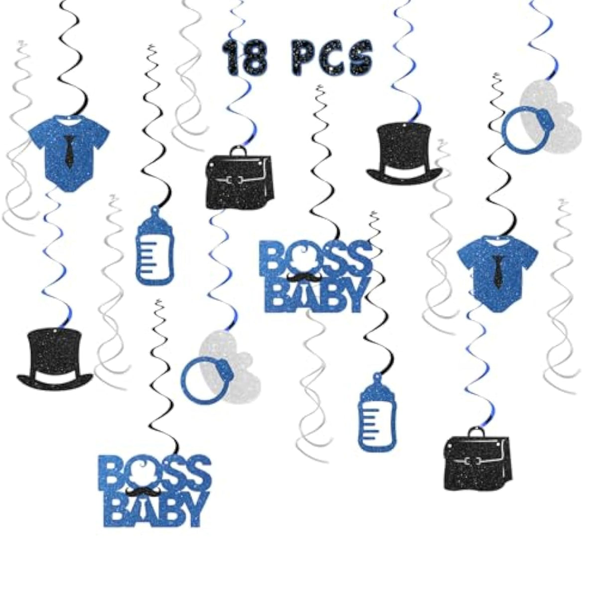 Boss Boy Hanging Swirl Decorations - Glitter 18 Pcs Baby Shower Party Supplies - Boy Birthday - Welcome Baby Boy Streamers - Gender Reveal Party Foil Swirls Ceiling Decorations