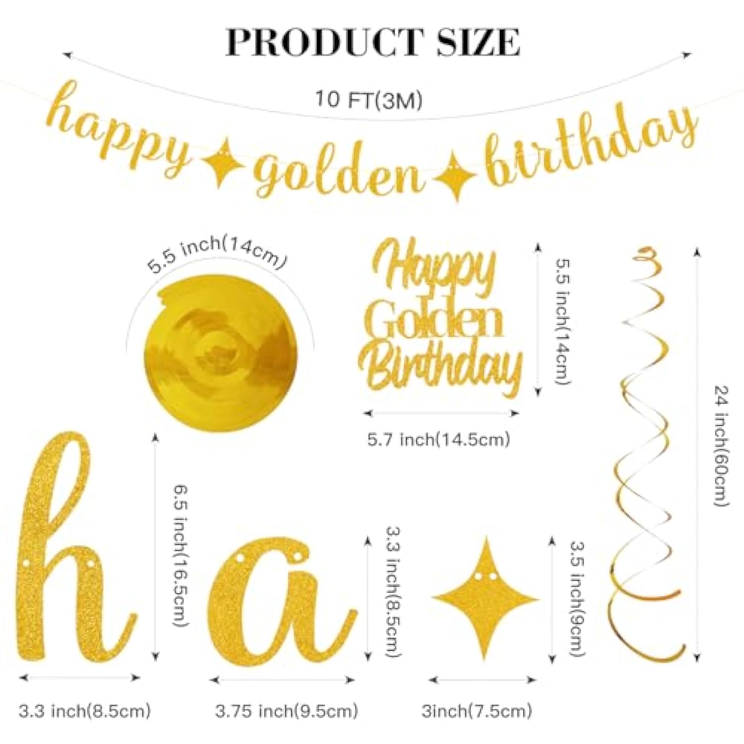 12Pcs Golden Birthday Decor with Banner, 10 Swirls and Glitter Cake Topper