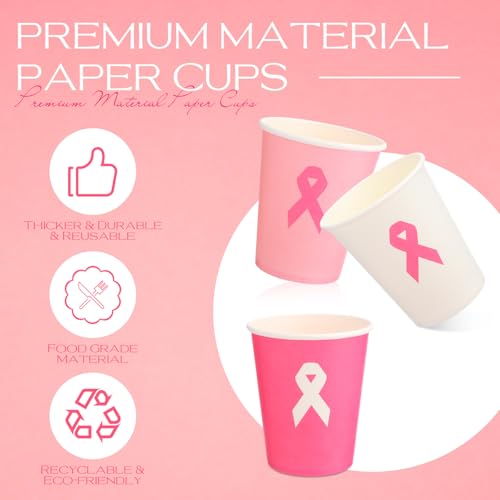 150 Pcs 8.5 oz Breast Cancer Awareness Paper Cups Pink Ribbon Supplies Bulk