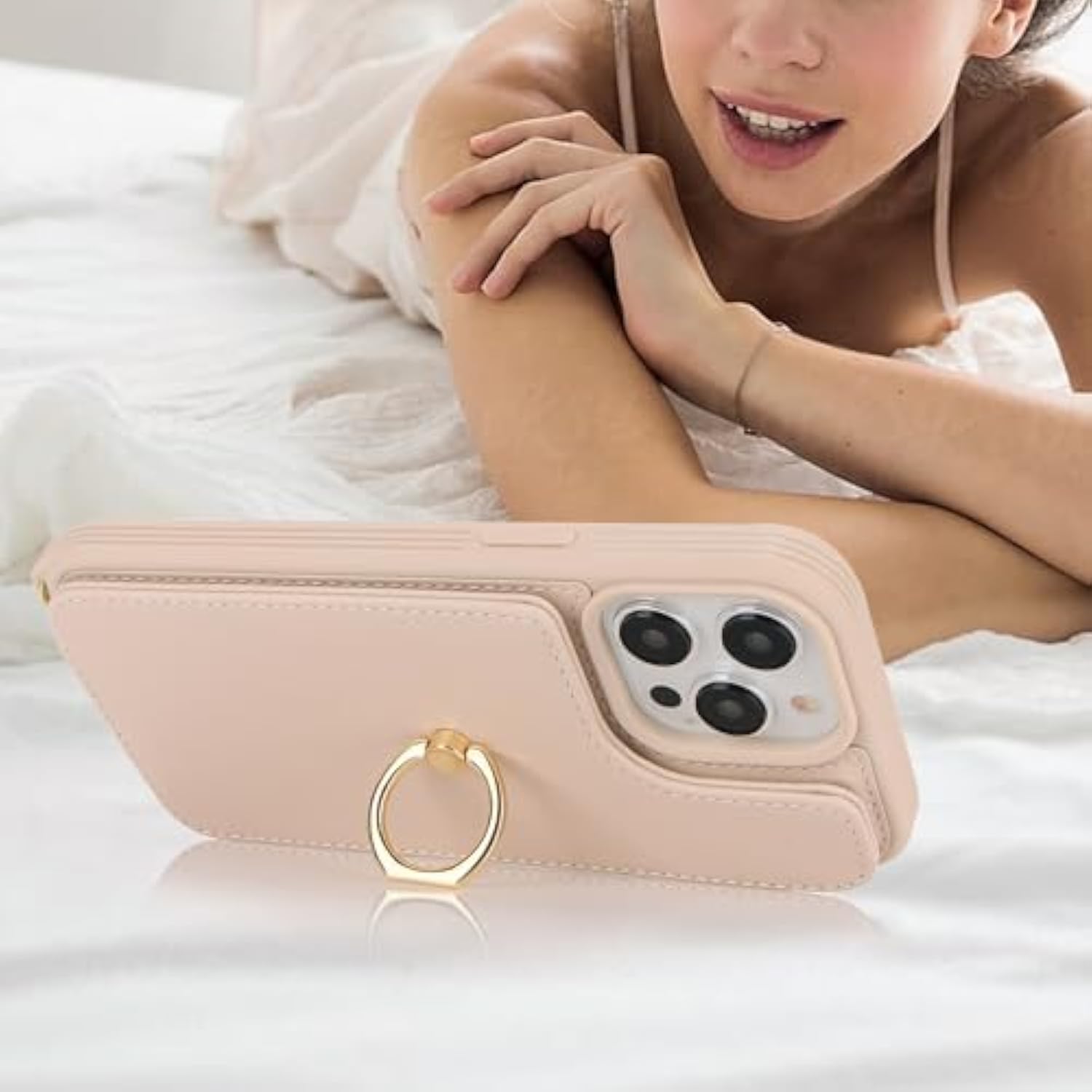 iPhone 12/13 Pro Max Wallet Case with Card Holder Strap Ring Stand Beige