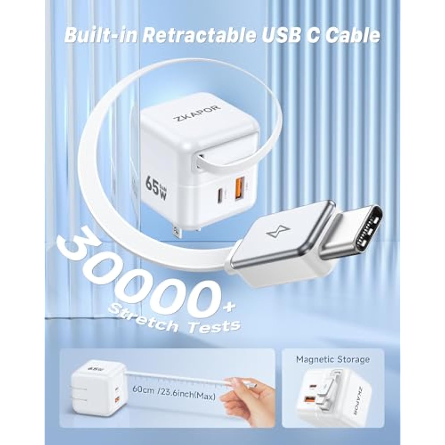 65W Usb C Charger Block With Retractable Usb C Cable, Travel Charger With Dual Port, Pd Pps Qc Fast Charging Foldable Wall Charge Gan For Iphone 16 15 Pro Max/Plus, Pad, Macbook Air, Galaxy And More