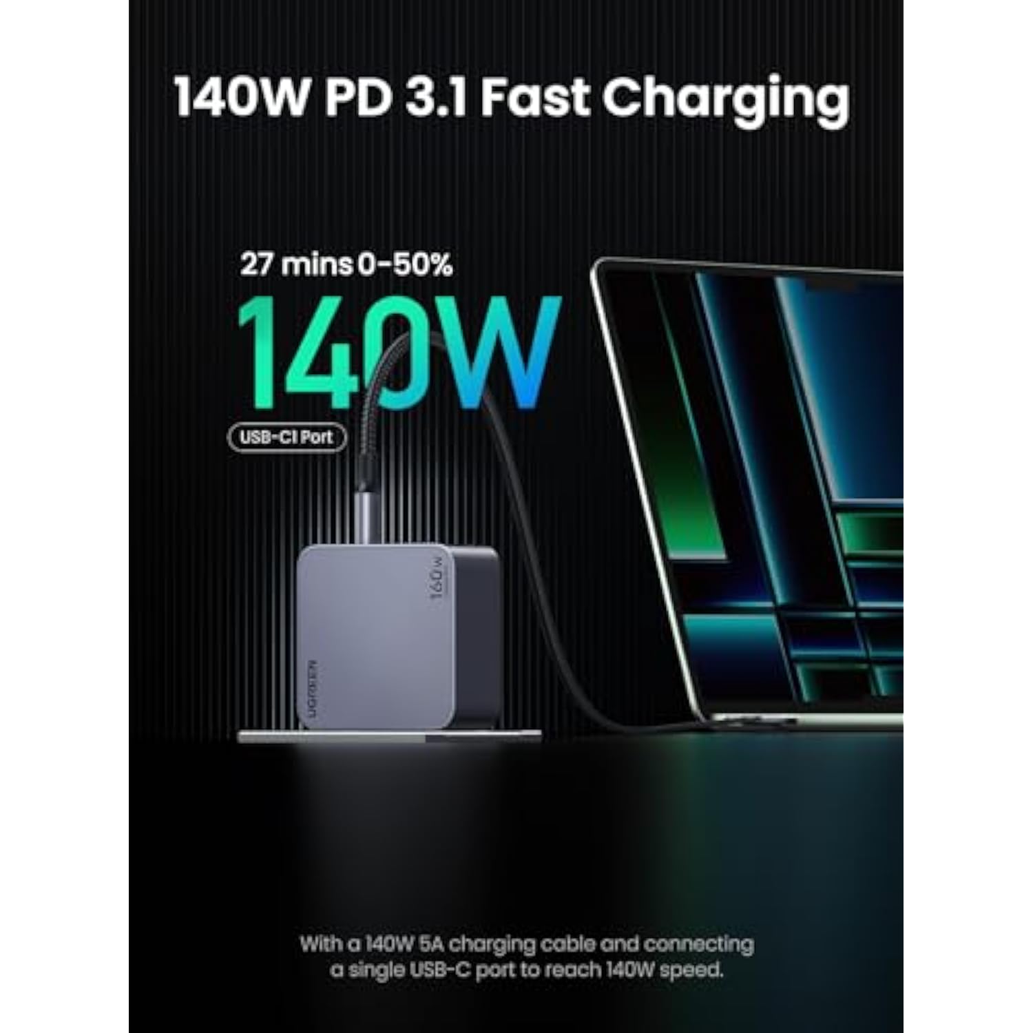 UGREEN Nexode Pro 160W GaN USB C Laptop Charger, 4-Port PD 3.1 PPS Fast Charger for MacBook Pro, Pixelbook, Dell XPS, iPad Pro, iPhone 17/16/15 Series, Galaxy S25/S24, Pixel 10/9, Steam Deck