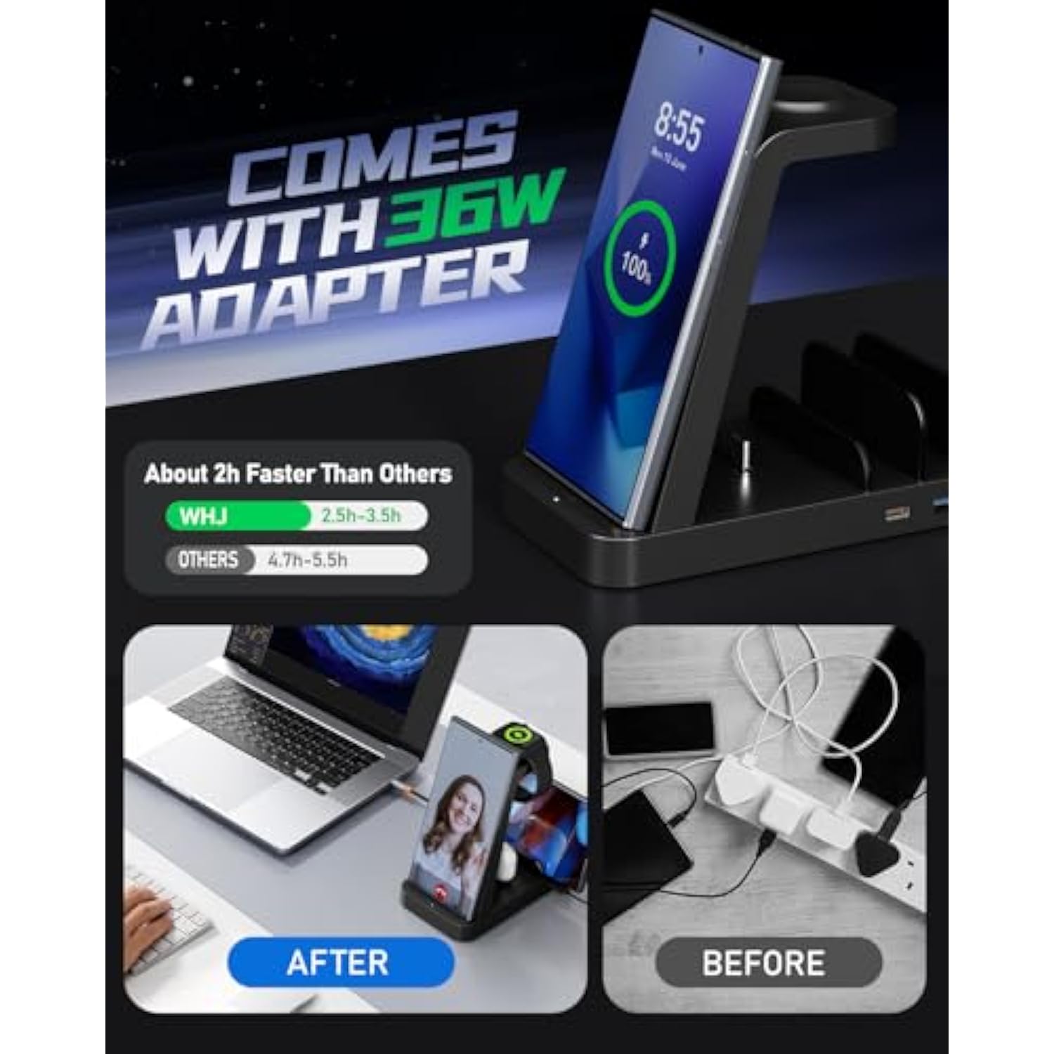 5 In 1 Wireless Charger For Samsung, Wireless Charging Station For Multiple Devices, Fast Charger Stand For Samsung Galaxy S25 Ultra S24 S23 S22 S20 Note 20 10 Z Fold 6 Galaxy Watch 7 6 5 Buds,Black