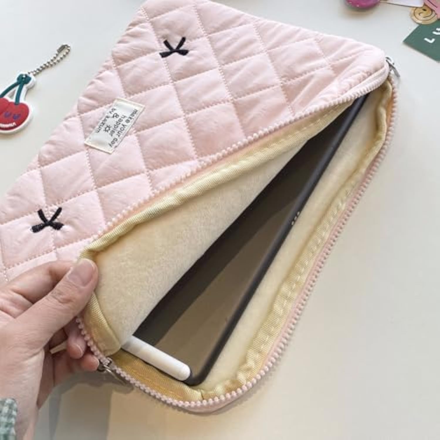 Puffy Laptop Sleeve Case Cute Quilted Computer Bag, 13 Inch Bow Embroidery Printed Laptop Carrying Cases, Coquette Aesthetics Protective Cover, Compatible With 11" 13" 15" Notebook
