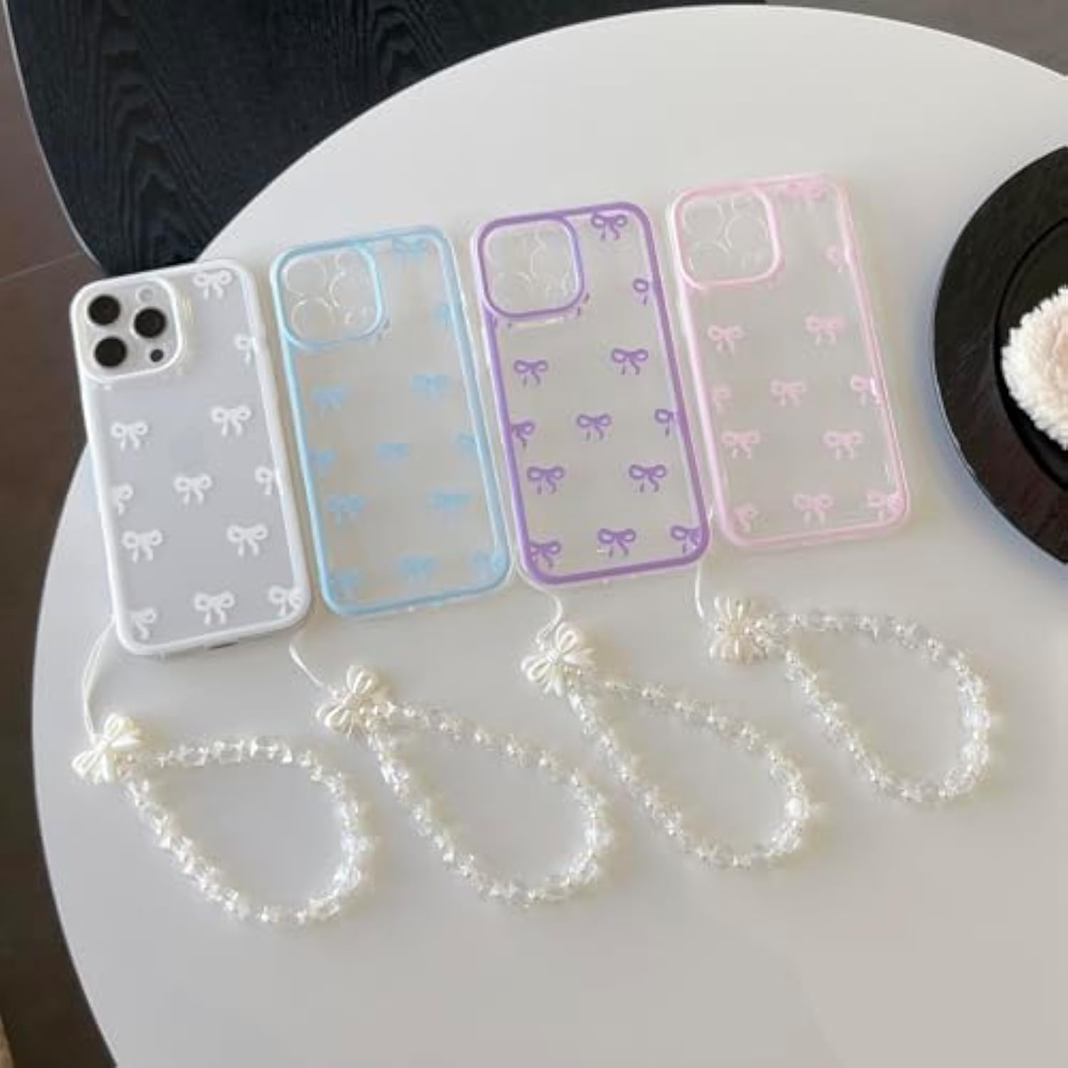 Clear Cute Ribbon Bowknot Aesthetic Phone Case with Charm Bracelet Chain Raised Camera Protection Stylish Soft Durable TPU Protective Cover for iPhone 17e/iPhone 16e - White