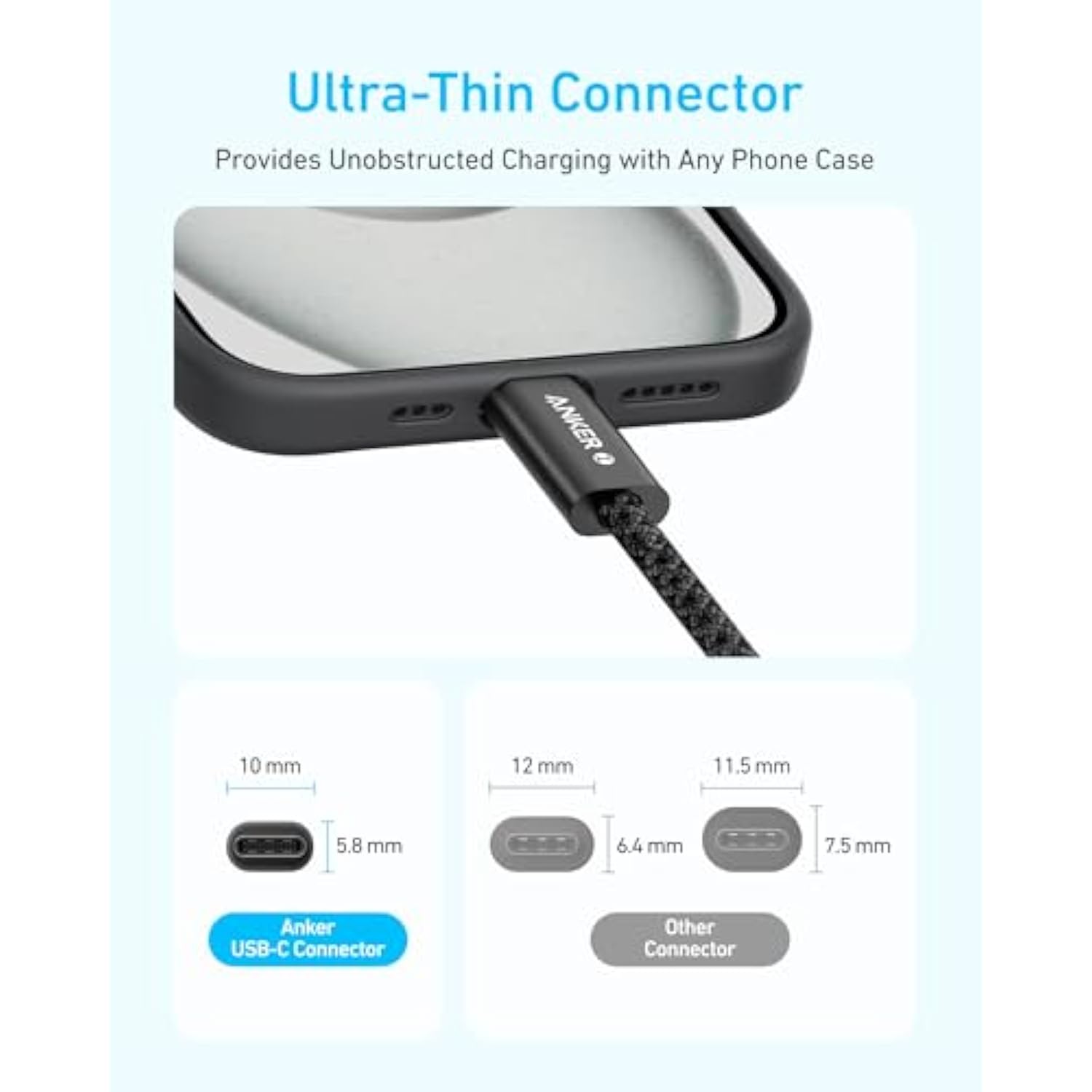 Anker Zolo USB C to USB C Cable, Braided and Dirt-Free Type-C Fast Charging Cable, Slim Connector, for iPhone 16 Series, MacBook (240W) (Black, 6FT)