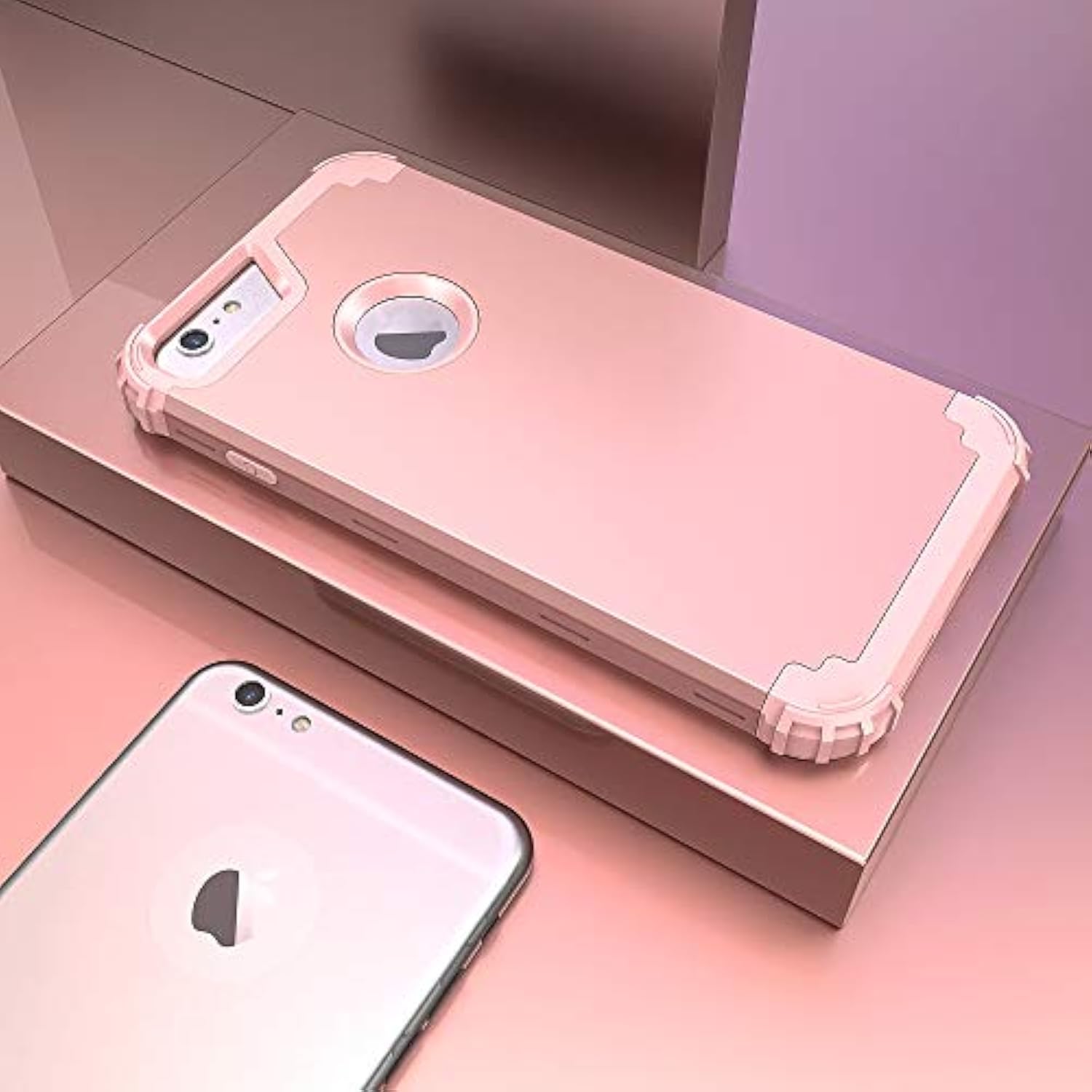 For 6S Plus Case With Tempered Glass Screen Protector, 3 In 1 Shockproof Slim Hybrid Heavy Duty Hard Pc Cover Soft Silicone Bumper Full Body Case, Rose Gold