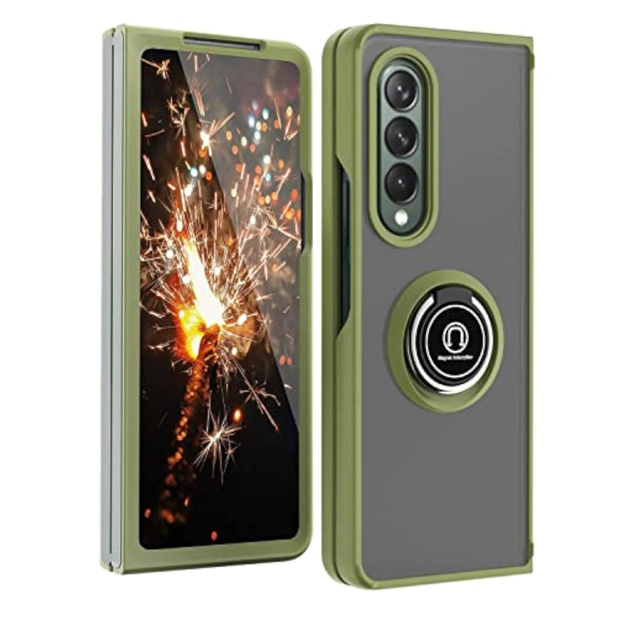 Compatible With Samsung Galaxy Z Fold 3 5G Case, Impact Resistant Bumper 360 Degree Rotating Metal Ring Holder Drop Protective Cover Phone Case (Green)