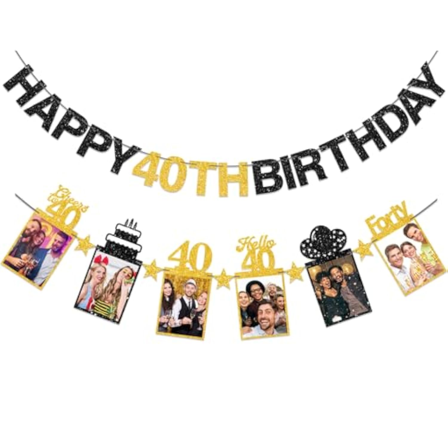 Pre-Strung Happy 40th Birthday Photo Banner — Black & Gold Glitter Party Decor