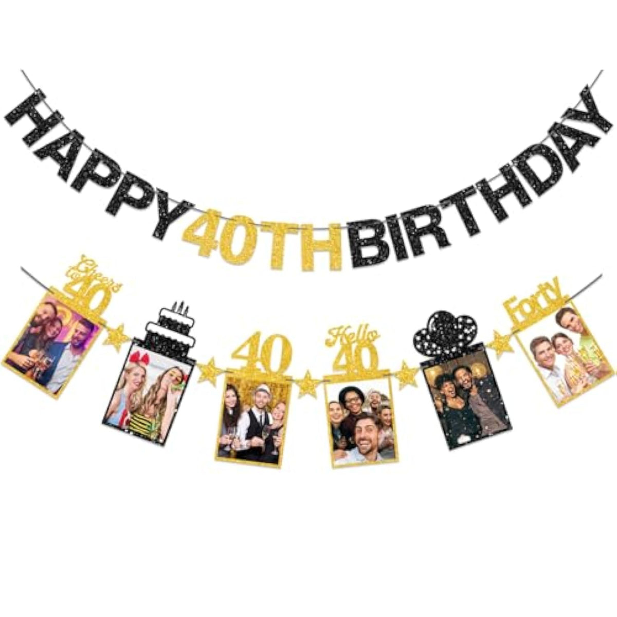 Pre-Strung Happy 40th Birthday Photo Banner — Black & Gold Glitter Party Decor