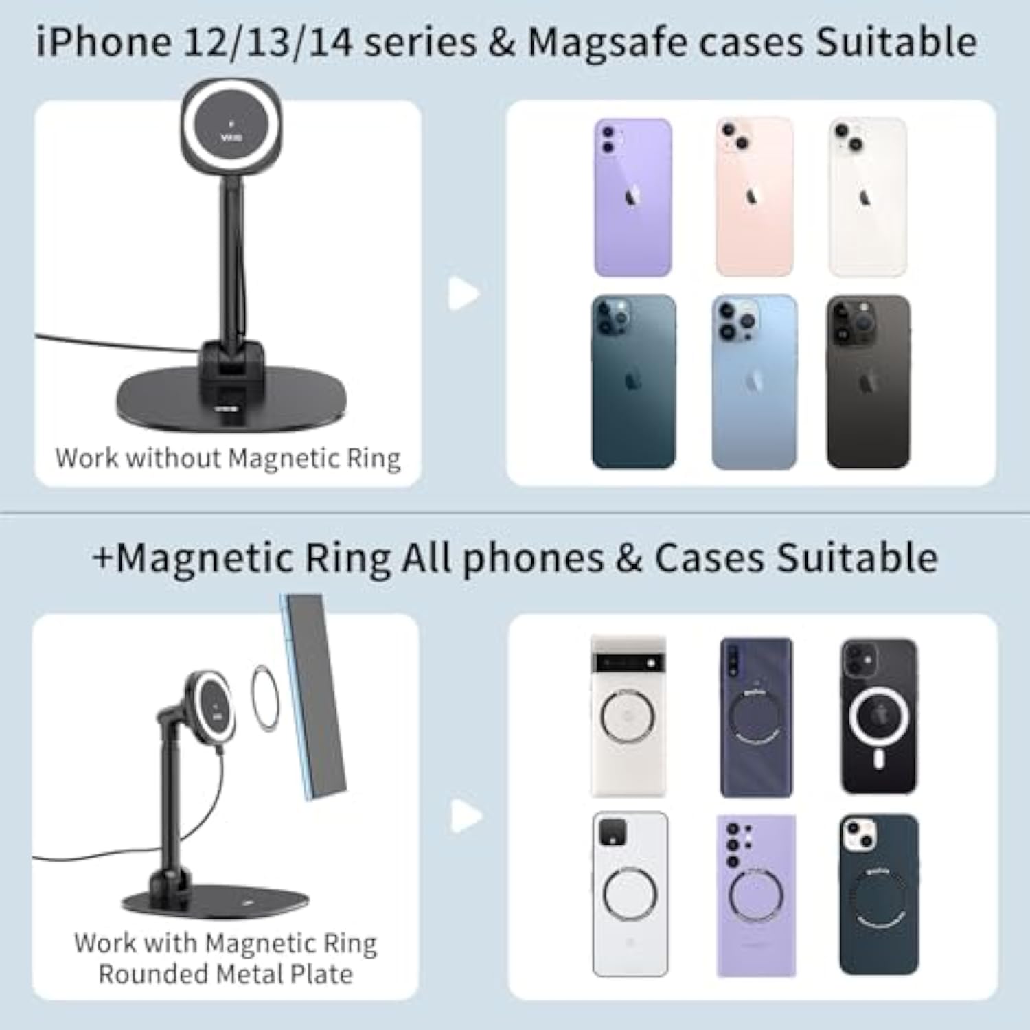 Vrig Magnetic Desk Phone Stand For Office/Home, 360°Rotation Wireless Charger Phone Holder With Magnetic Ring Height&Tilt, Adjustable Cell Phone Stand For Iphone 16 15 14 13 12 And More/Android