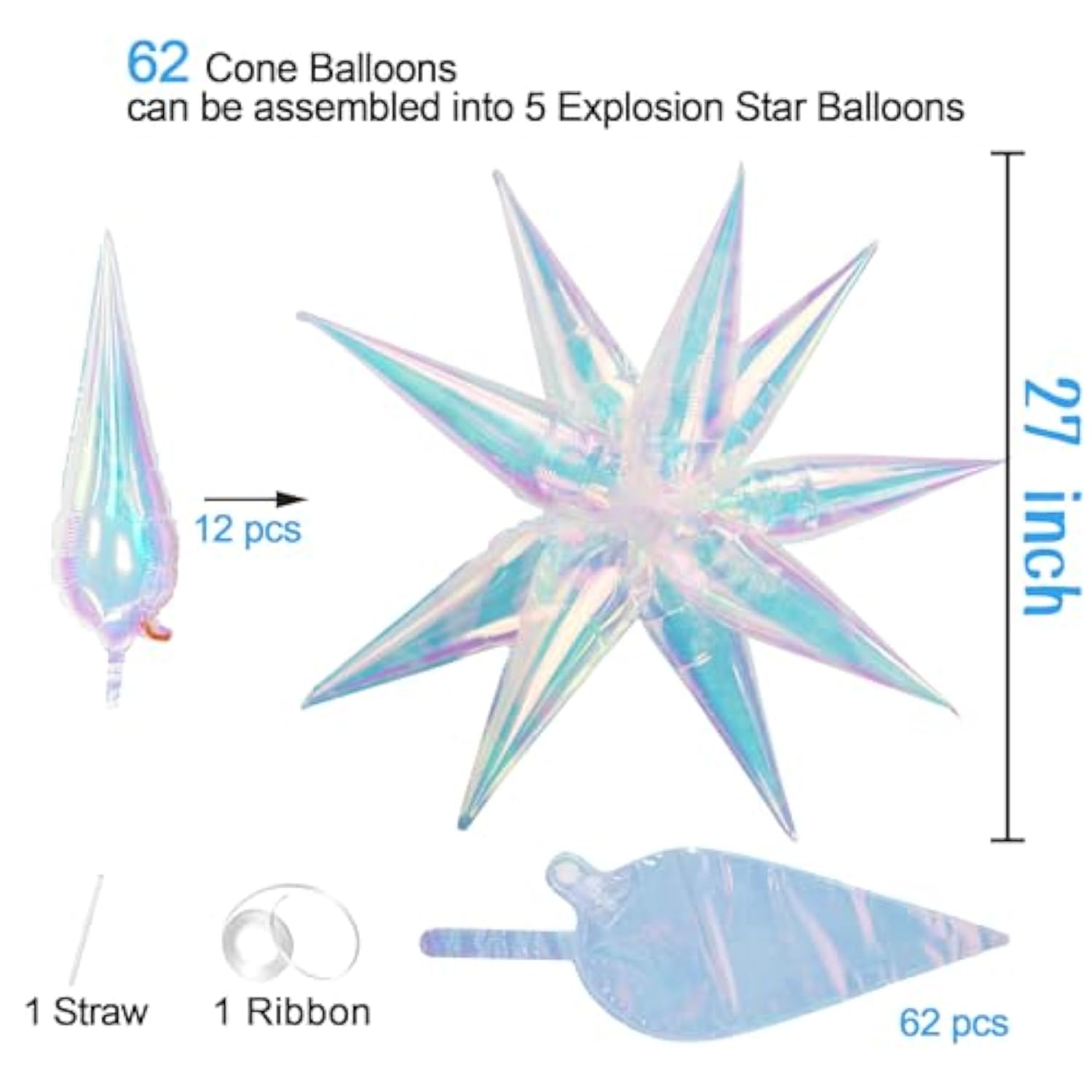 62Pcs Iridescent Starburst Spike Balloons for Wedding & Party Decorations