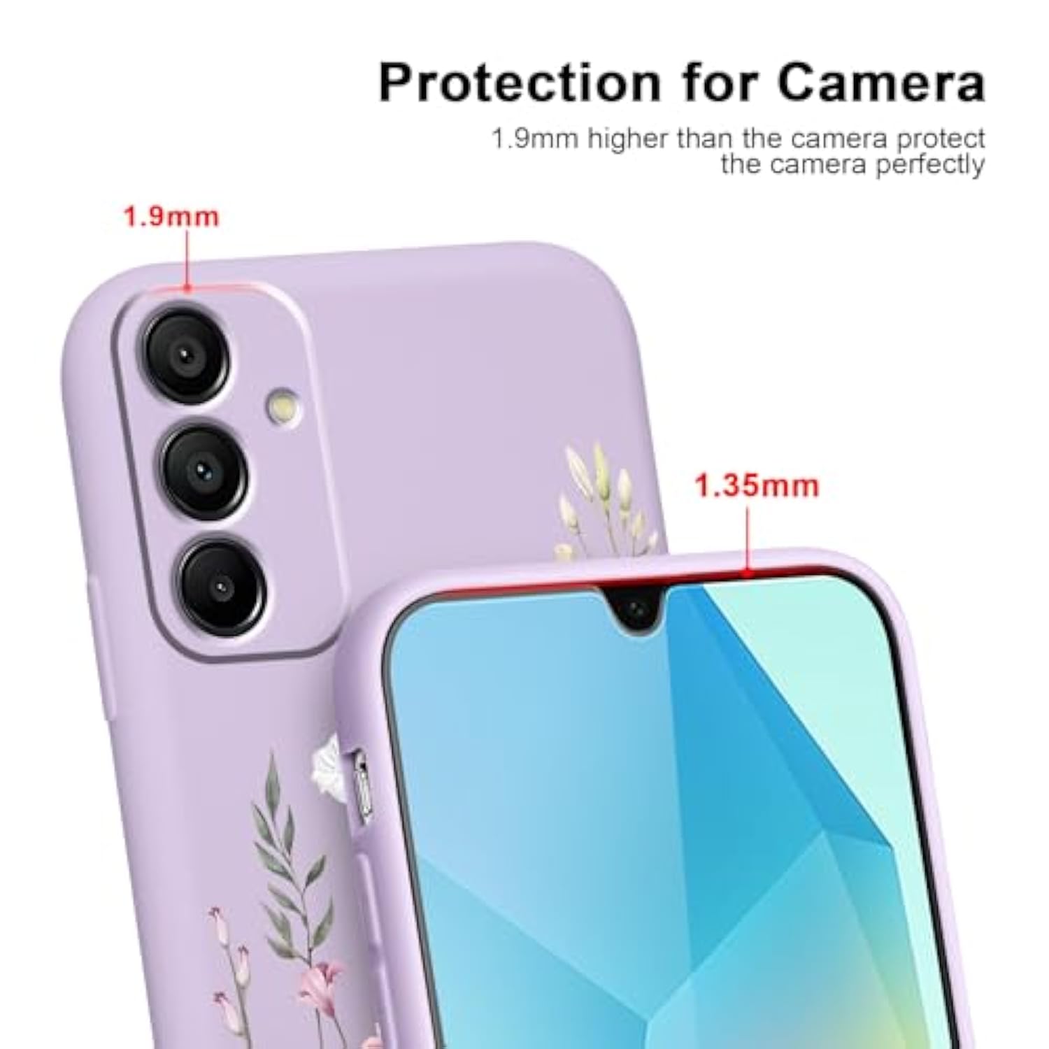 Flower Phone Case For Samsung Galaxy A16 5G 6,7'' With 2X Tempered Glass Screen Protectors, Floral Liquid Silicone Phone Cover Anti-Scratch Soft Protection Funda For Girls Women, Purple 03