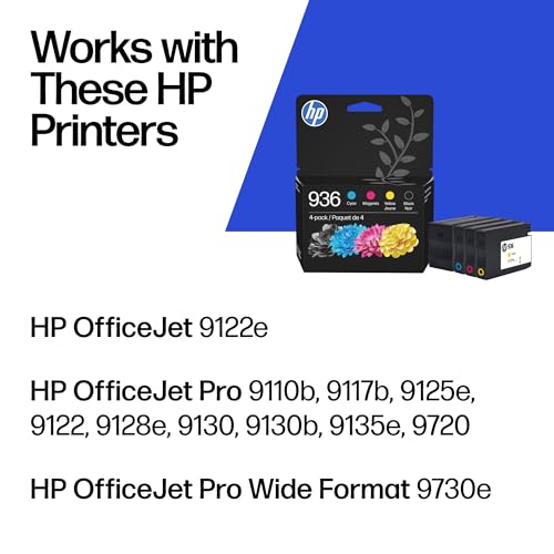 936 Black, Cyan, Magenta, Yellow Ink Cartridges (4-Pack) | Works With Officejet 9120, Pro 9110, 9120, 9130, Wide Format 9730 | Eligible For Instant Ink | 6C3Z5Ln