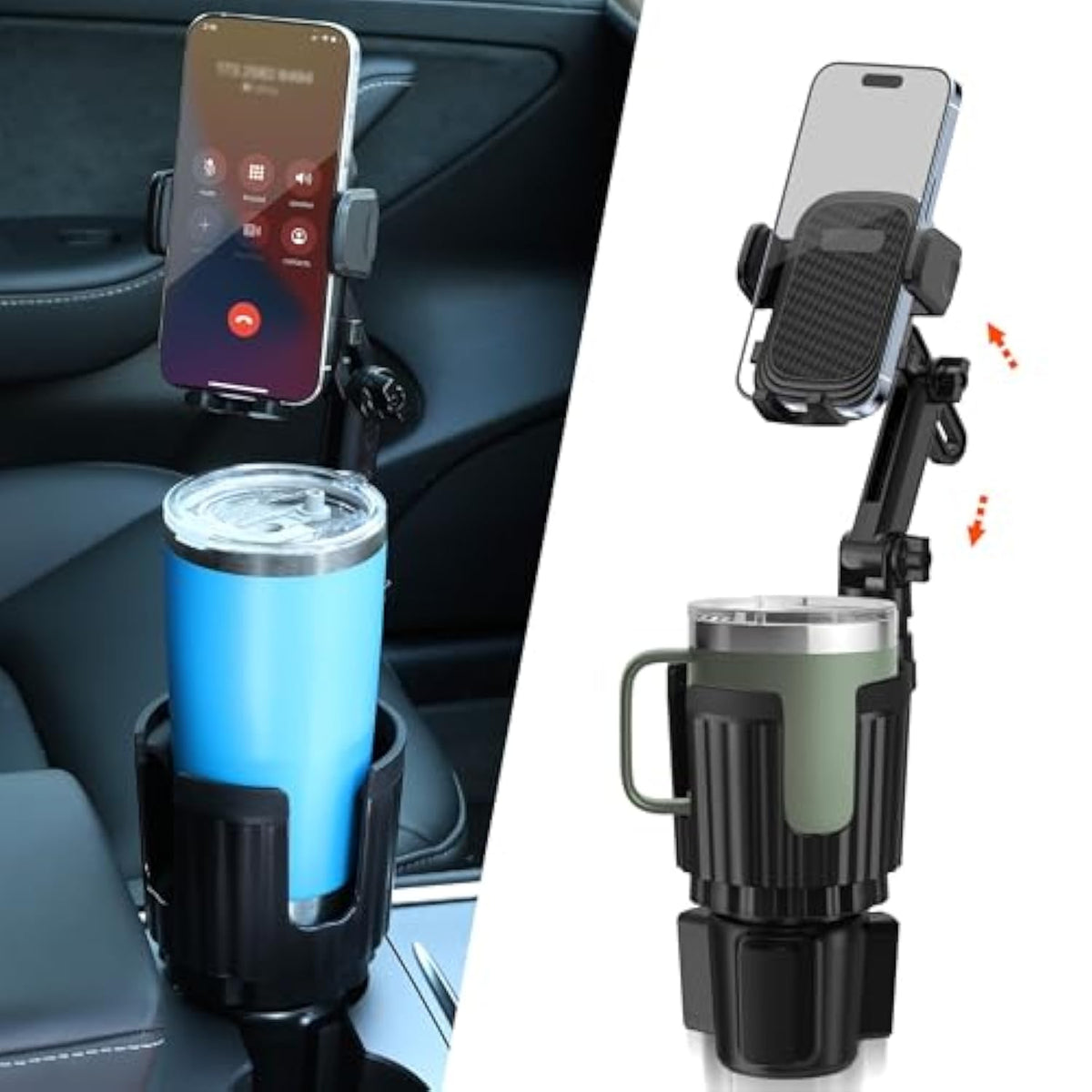 Newlest 2 In 1 Phone Mount For Car Cup Holder With Adjustable Base, Phone Holders For Car Cupholder, No Shaking 360° Flexible Neck Phone Mount For All 4-7” Smartphones, Cup Holder For Most Bottles