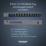 8-Port 1G/10G Multi-Gigabit Ethernet Unmanaged Switch (Gs108Mx) - With 1 X 10G/Multi-Gig Rj-45 Ethernet Uplink, Desktop Or Wall Mount, And Limited Protection