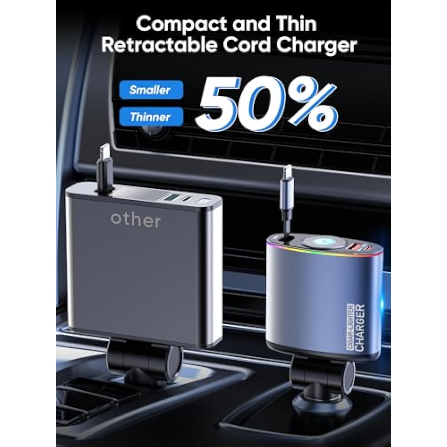 Retractable Car Charger, 60W Fast Charging Usb C Car Charger,Retractable Cable 2.9Ft[For Iphone Cable] And Colorful Ambient Lighting Car Adapter For Iphone 16/15/15 Pro Max/14/13/12/11,Galaxy