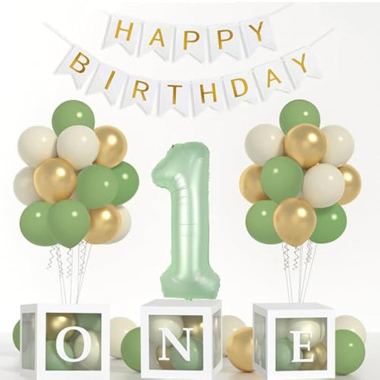 Sage One Year Old Birthday Decorations-One Balloon Box, 12 Inch Sage Green White Gold Balloons, 40 Inch Sage Number 1 Balloons And Happy Birthday Banner For Boy Girl First Birthday Decorations