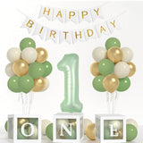 Sage One Year Old Birthday Decorations-One Balloon Box, 12 Inch Sage Green White Gold Balloons, 40 Inch Sage Number 1 Balloons And Happy Birthday Banner For Boy Girl First Birthday Decorations