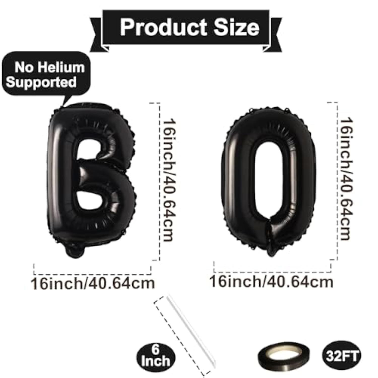 16" Black 'BOO' Mylar Balloons – Spooky Halloween Party Letter Banner