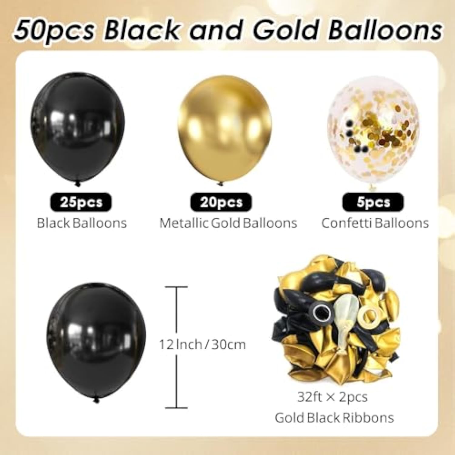 50pcs 12 Inch Black Gold Balloons Confetti Party Decorations for Birthday Wedding