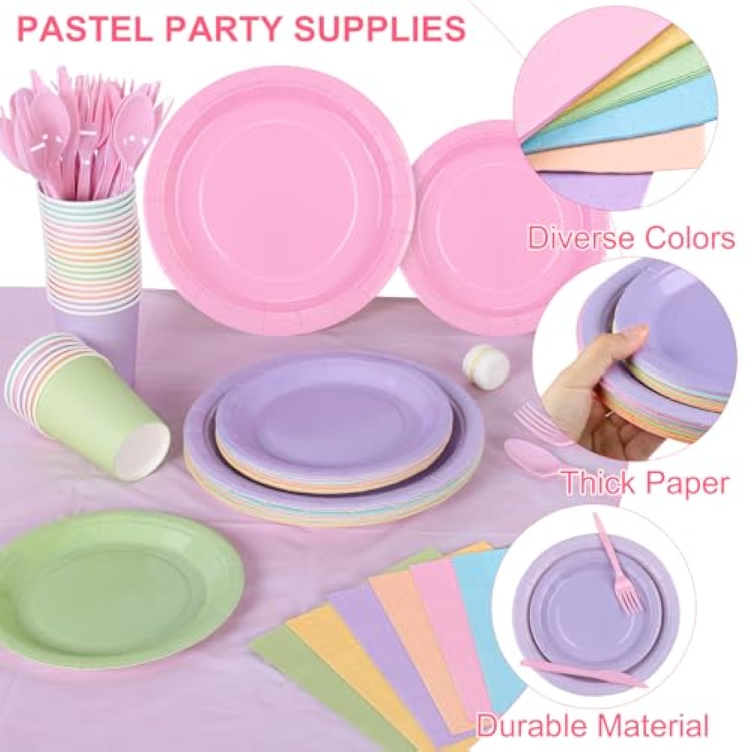 169 Pieces Pastel Party Supplies Disposable Dinnerware Set Include Plates And Cups Napkins Plastic Forks Knives Spoons Tablecloth For Wedding Birthday Party Decorations, Serve 24 Guests