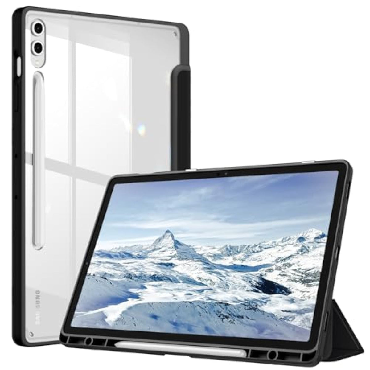 Fintie Hybrid Slim Case For Samsung Galaxy Tab S10 Plus 2024 / S9 Fe Plus 5G 12.4 Inch 2023 With S Pen Holder, Shockproof Cover With Clear Transparent Back Shell, Auto Wake/Sleep, Black