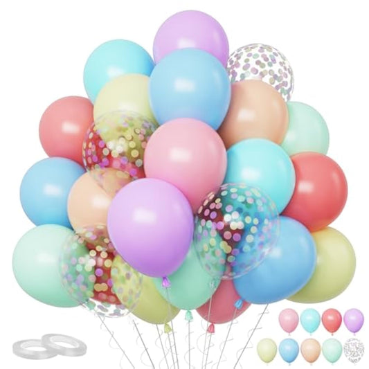 Pastel Balloons, 60 Pcs Macarons Balloon, 12 Inch Macaron Red Pink Blue Purple Green Yellow Orange Balloon Colorful Confetti For Birthday Baby Shower Wedding Rainbow Pastel Party Decoration
