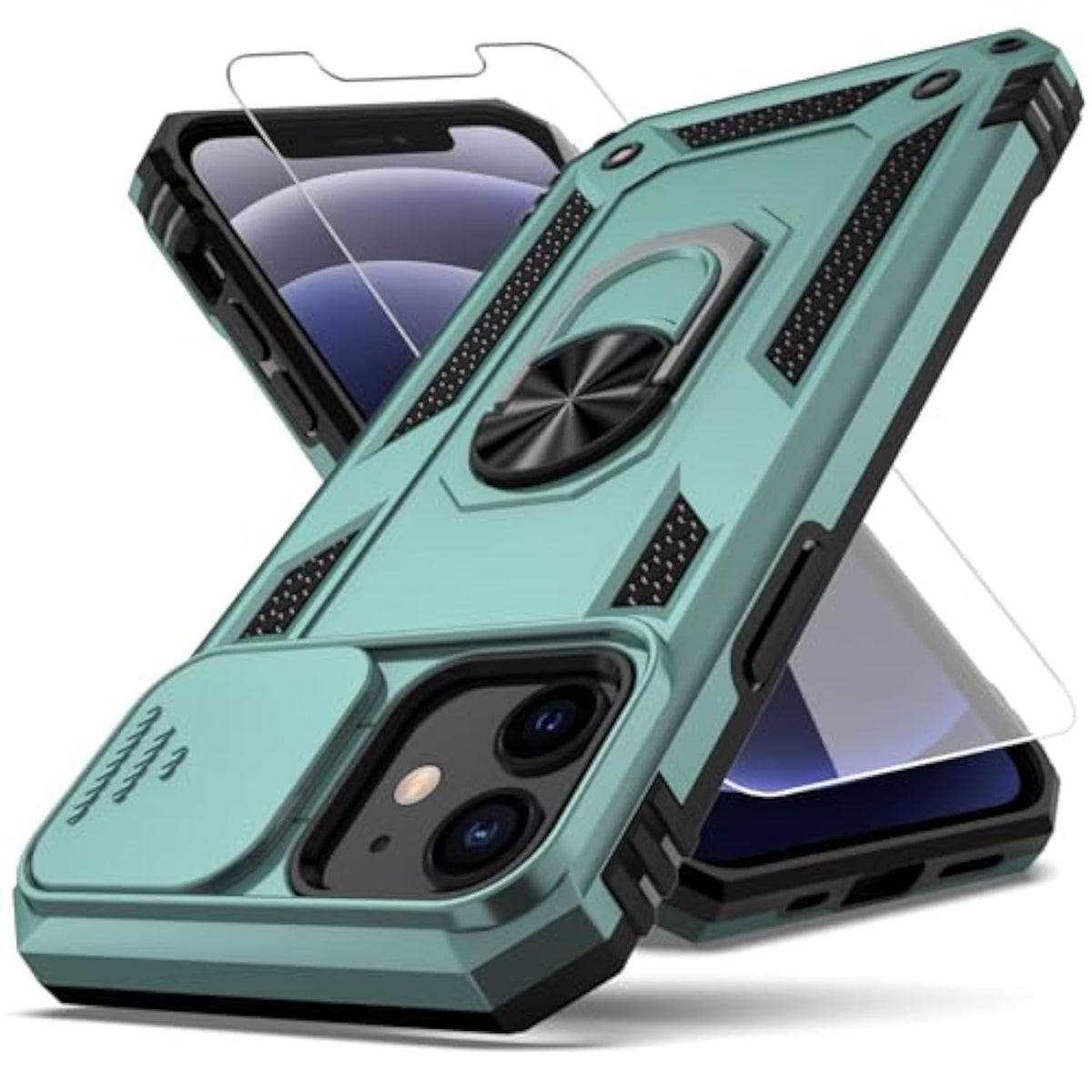 For Iphone 12 Case,With Camera Lens Cover Hd Screen Protector,[Military Grade] Ring Car Mount Kickstand Hybrid Hard Pc Soft Tpu Shockproof Protective Case For Iphone 12, Green