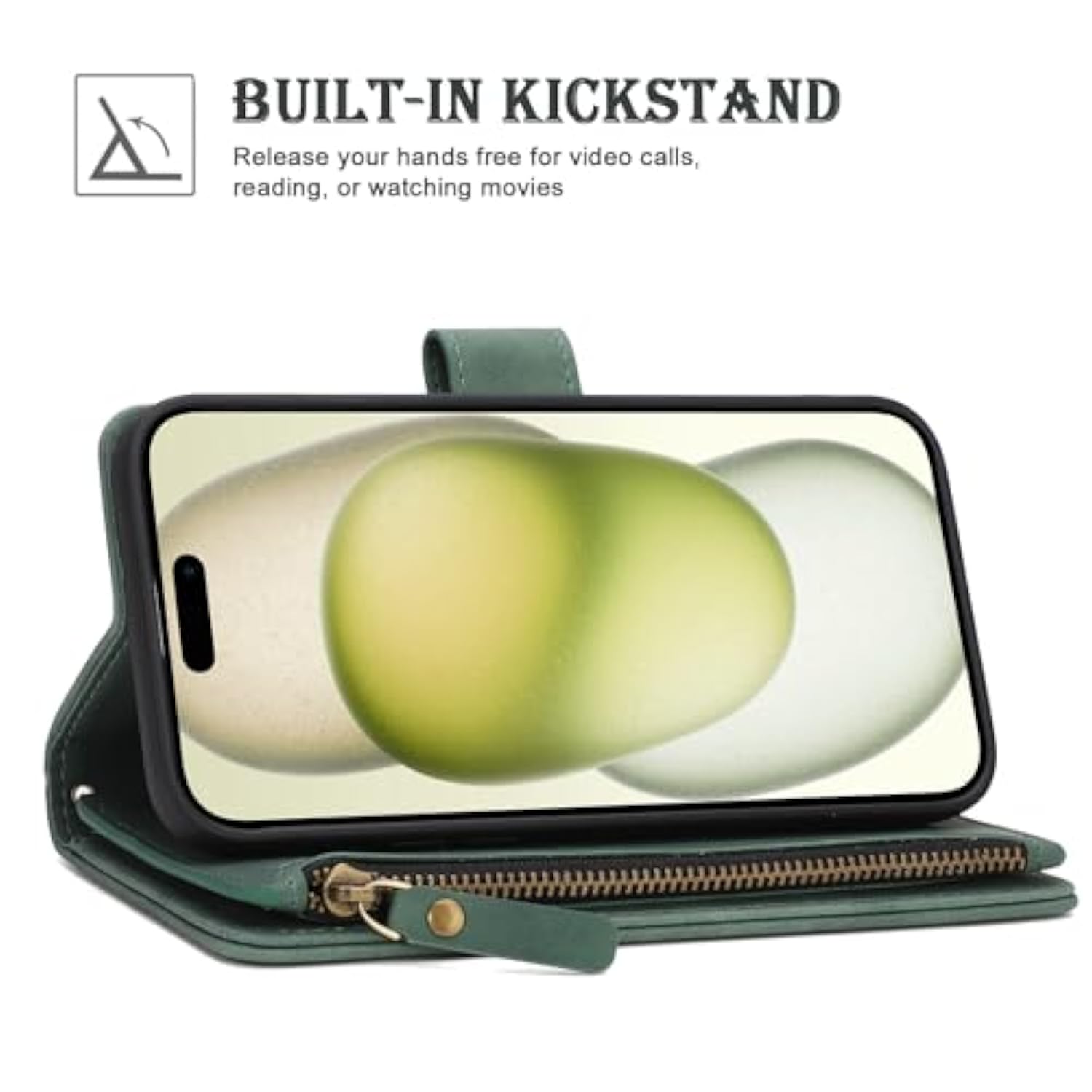 Wallet Case For Iphone 15 (6.1 Inch) With Rfid Blocking Credit Card Holder, Premium Pu Leather [Zipper Pocket] Flip Folio Wallet With Wrist Strap Kickstand Protective Case (Black Green)