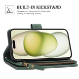 Wallet Case For Iphone 15 (6.1 Inch) With Rfid Blocking Credit Card Holder, Premium Pu Leather [Zipper Pocket] Flip Folio Wallet With Wrist Strap Kickstand Protective Case (Black Green)