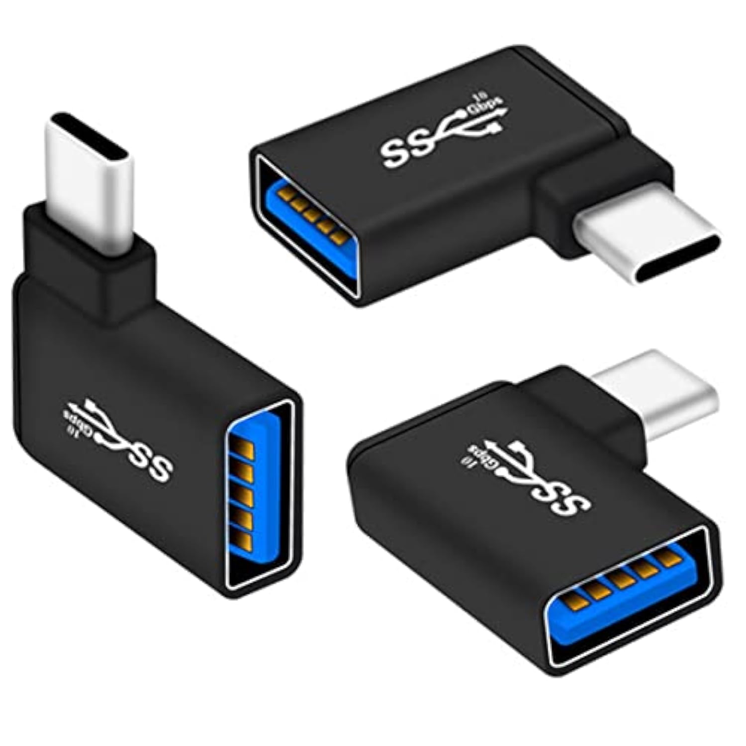 Usb C To Usb 3.0 Adapter 90 Degree (3 Pack), Usb-A 3.0 Female To Usb-C 3.1 Male Right Angle Otg Adapter Compatible With Macbook Pro, Laptop, Samsung Galaxy, Type-C Phones And More