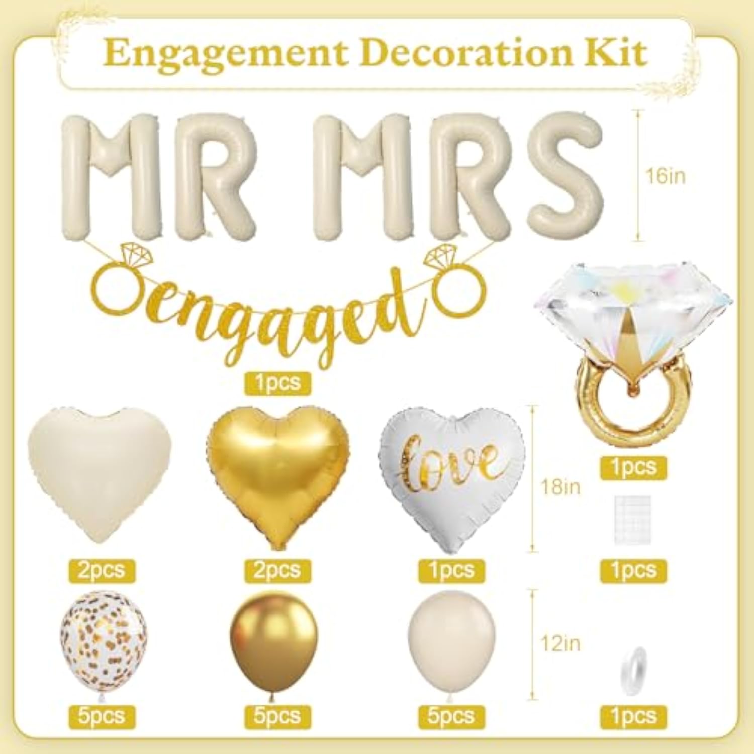 Sand White Engagement Party Decorations, Mr And Mrs Balloons Decor, White Gold Confetti Balloons, Love Heart And Diamond Ring Foil Balloon With Engaged Banner For Wedding Engagement Party Decoration