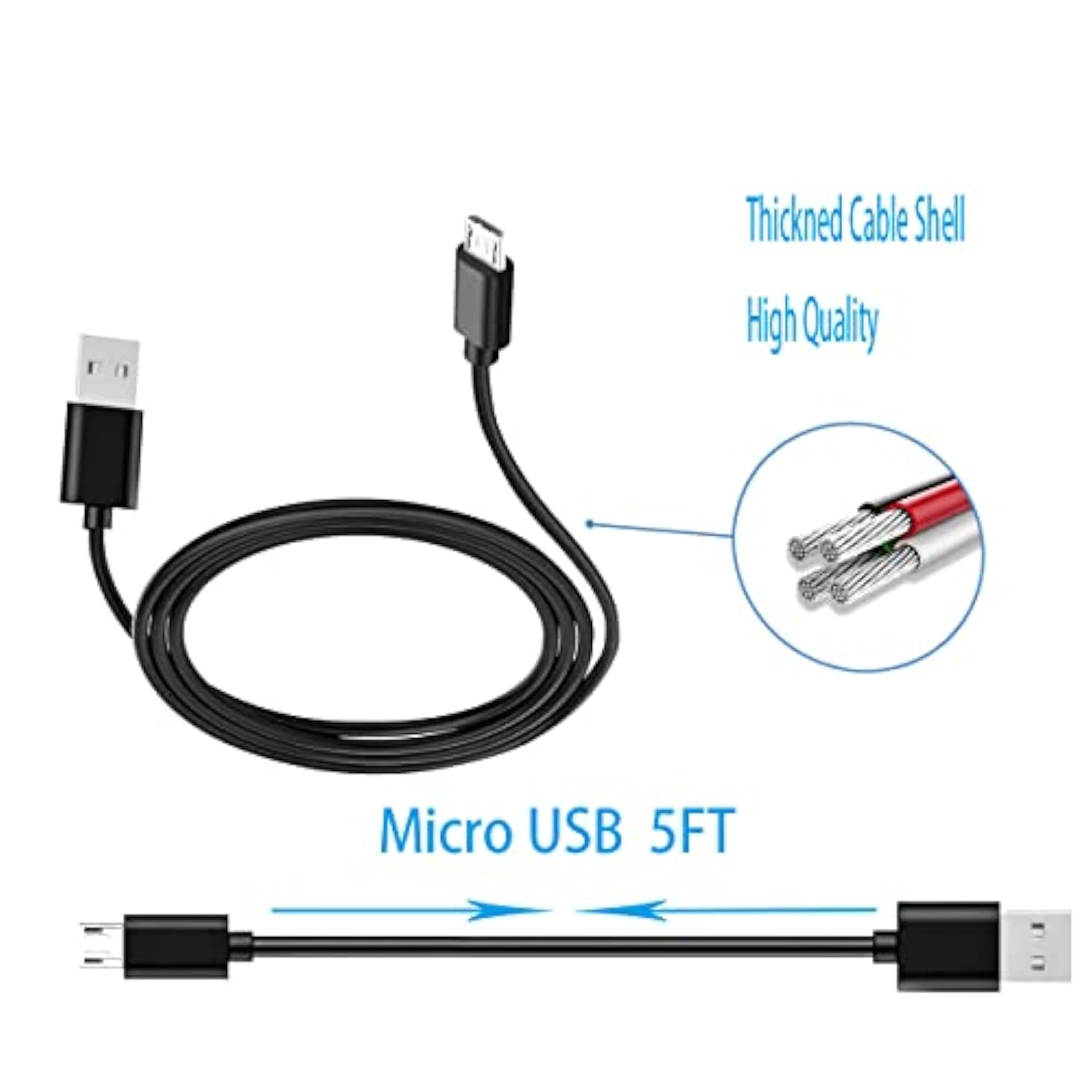Usb Micro Mpow Headphones Charger Cable Compatible For Mpow 059, M5, H19 Ipo, H17, H7 Pro, H7, H12, Mdots, Jaws Over Ear Hi-Fi Headphones Micro Usb Charging Cord Power Cable(5Ft)