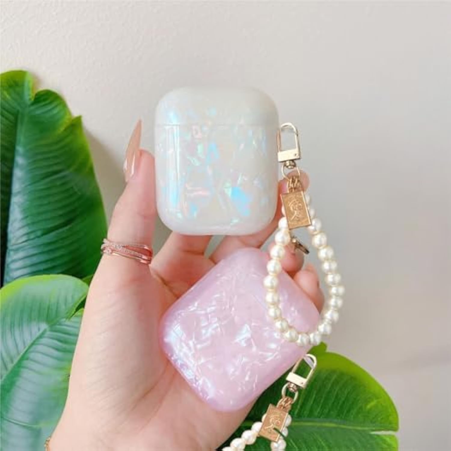For Cute Glitter Airpods 2/1 Gen Case With Cleaner Pen,Shell Pattern Airpods 2Nd/1St Generation Cover Protective Skin Girl Women With Luxury Pearl Keychain For Apple Ipod 2Nd/1St Gen - Pink