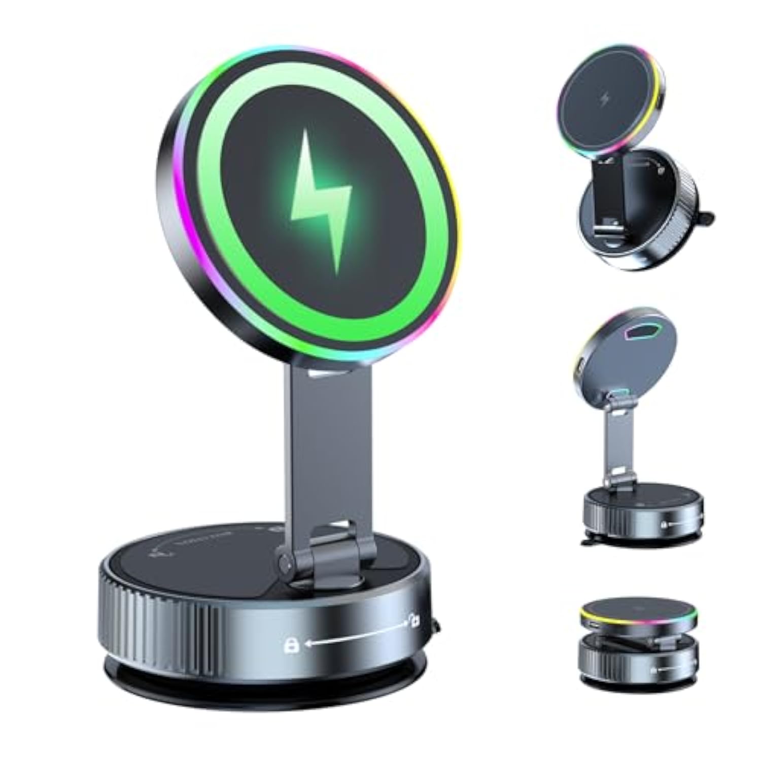 For Magsafe Car Mount Charger, 15W Wireless Charger Suction Cup Phone Mount With Breathing Rgb Light, 360 Adjustable Vacuum Magnetic Phone Holder For Iphone 17 Pro Max 17 Air 16 15 Plus