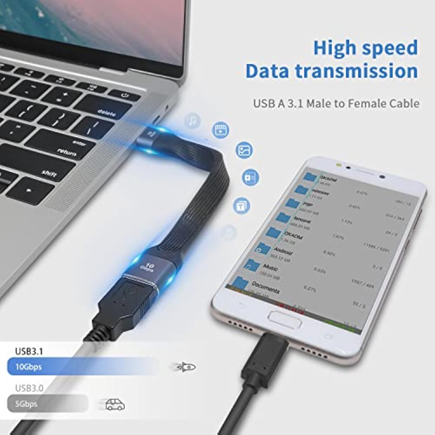 Short Usb 3.0 Extension Cable, 5Inch Flat Fpc Usb Extension Cable, 10Gbps Type A Male To Female Extender Cable For Vr, Playstation, Keyboard, Printer, Scanner, Usb Hub