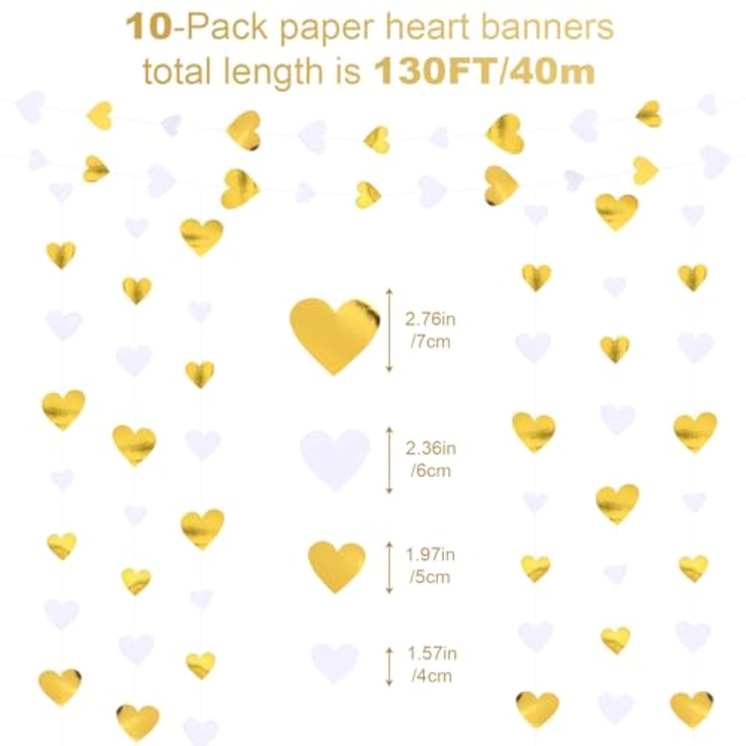 10 Pack 130Ft White-Gold Holographic Heart Party Garland Asymmetrical Love Hanging Banners For Wedding Engagement Anniversary Bachelorette Bridal Shower Birthday Decoration