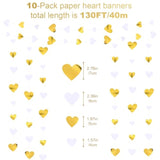 10 Pack 130Ft White-Gold Holographic Heart Party Garland Asymmetrical Love Hanging Banners For Wedding Engagement Anniversary Bachelorette Bridal Shower Birthday Decoration