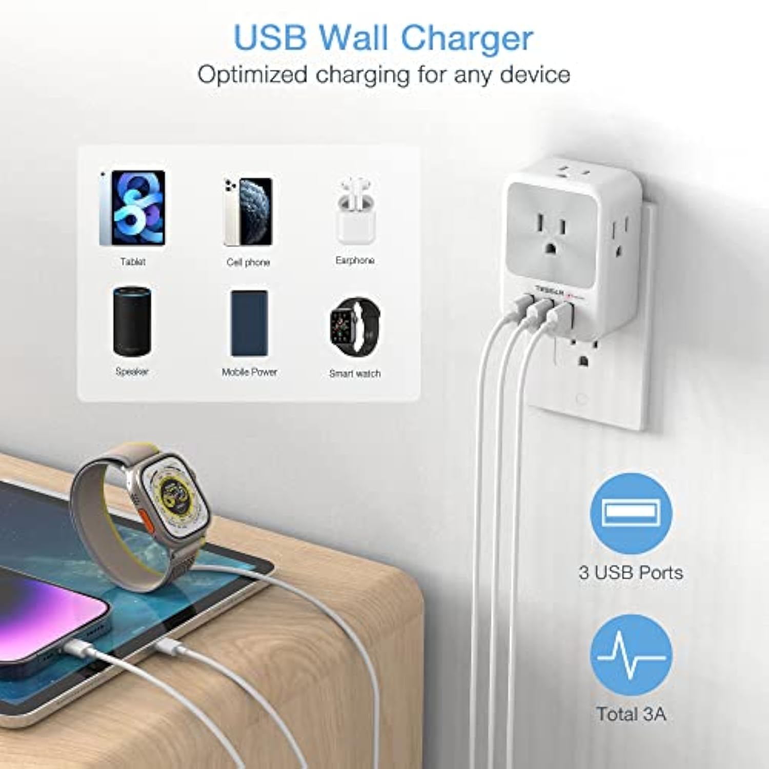 Multi Plug Outlet Splitter With Usb, 4 Electrical Outlet Extender Surge Protector With 3 Usb Wall Charger Blocks, Multiple Plug Expander Box For Home Office Dorm Room Essentials
