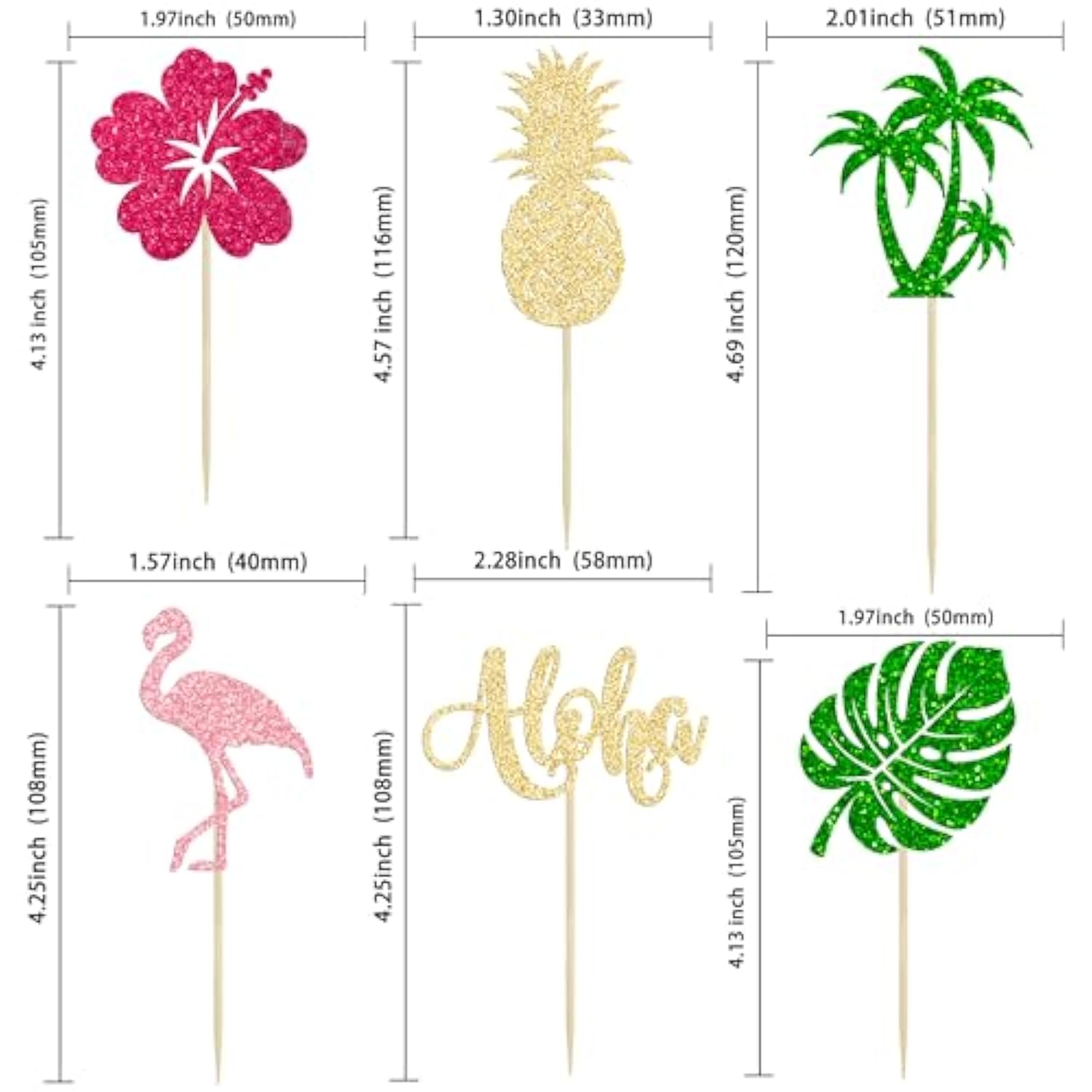 24Pcs Tropical Luau Cupcake Toppers Glitter Palm Tree Flamingo Pineapple Aloha Cupcake Picks Decorations For Hawaiian Luau Theme Birthday Party Supplies