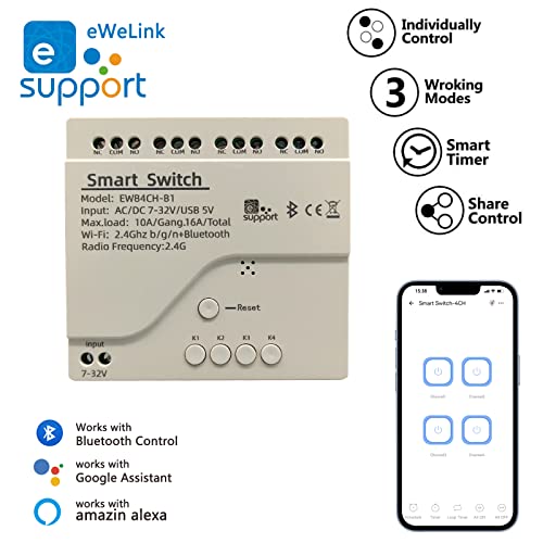 Ewelink 4 Channels Wireless Smart Switch Usb 5V/Ac/Dc 7V-32V Smart Wifi Relay Switch Module With Case, Pairing With Bluetooth For Alexa Google Home Voice Control