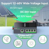 Industrial Gigabit Poe Switch, 4 X 30W Poe+ Ports, 1 Uplink Port, Dc12V/24V/52V To 48V Poe, For Solar Power/Rv Truck/Voip Systems