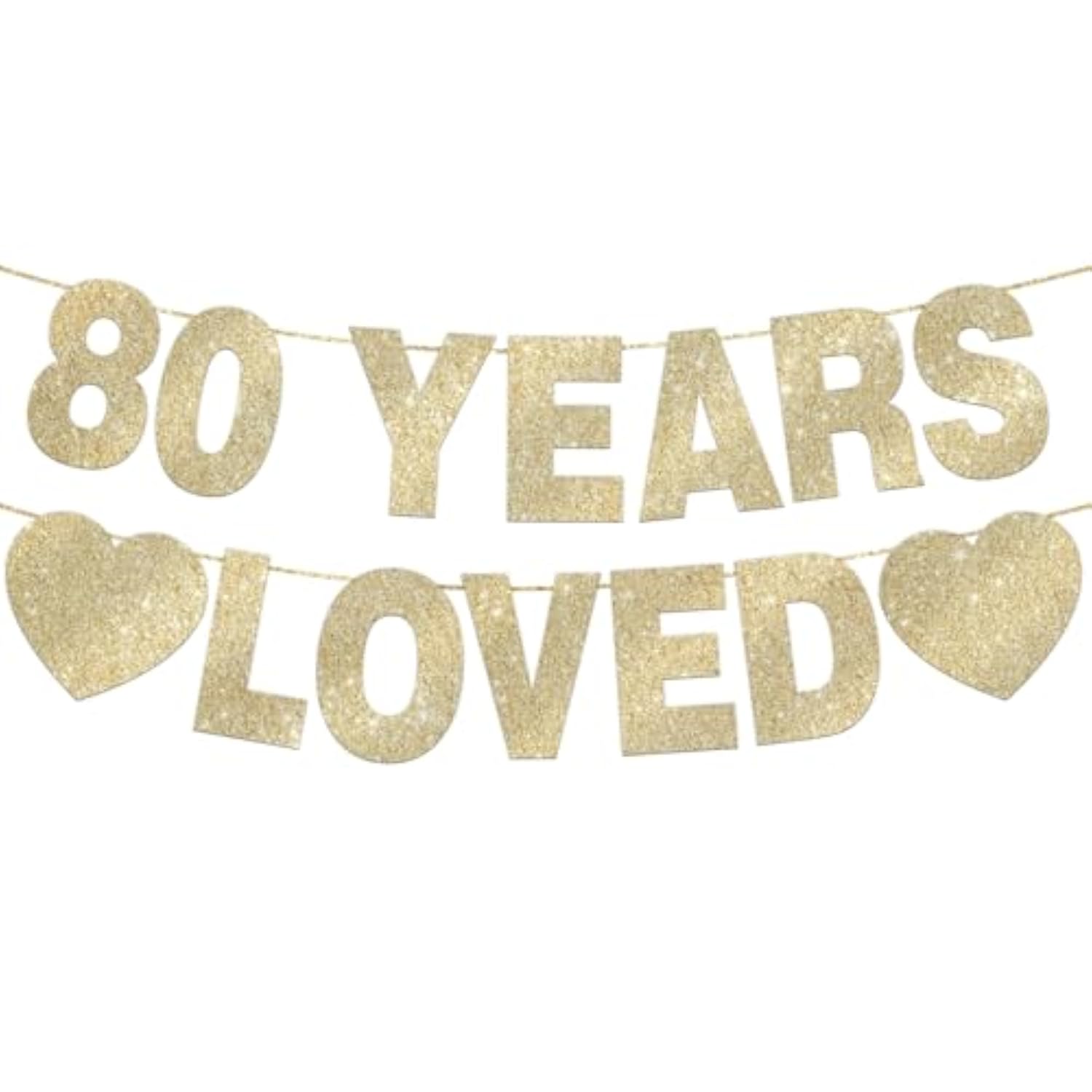 80 Years Loved Banner, Gold Glitter for 80th Birthday Decorations