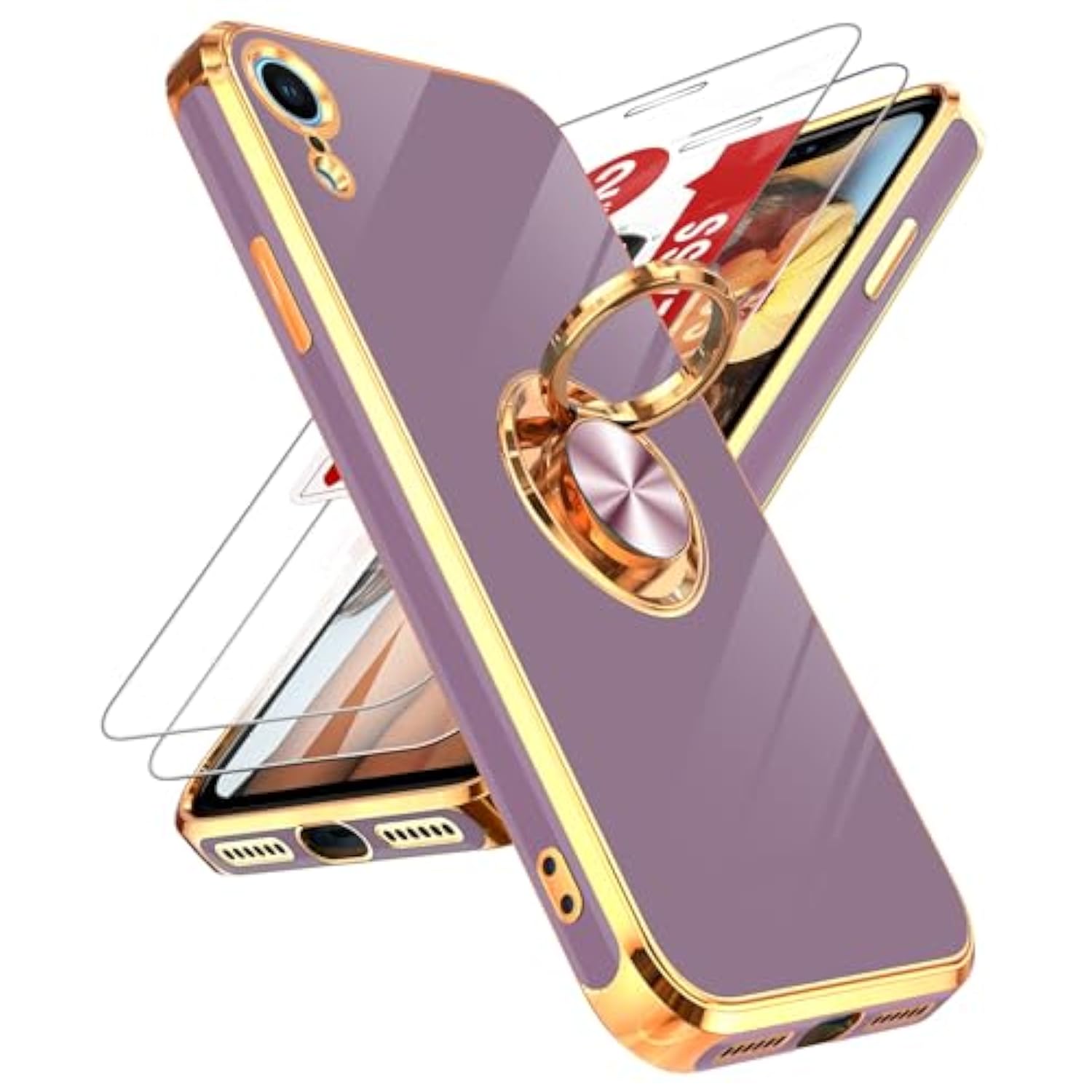 For Iphone Xr Case: With Tempered Glass Screen Protector [2 Pack] 360° Rotatable Ring Holder Magnetic Kickstand, Plating Rose Gold Edge For Iphone 10 Xr Case, Purple