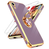 For Iphone Xr Case: With Tempered Glass Screen Protector [2 Pack] 360° Rotatable Ring Holder Magnetic Kickstand, Plating Rose Gold Edge For Iphone 10 Xr Case, Purple