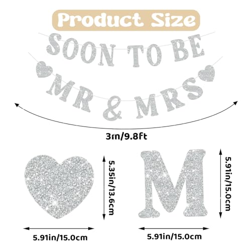 Soon To Be Mr & Mrs Banner for Bridal Shower Decorations, Pre-Strung Silvery Glitter Engagement Banner, Wedding Decorations for Home Party Mantle Hanging Sign Couples Shower Decorations