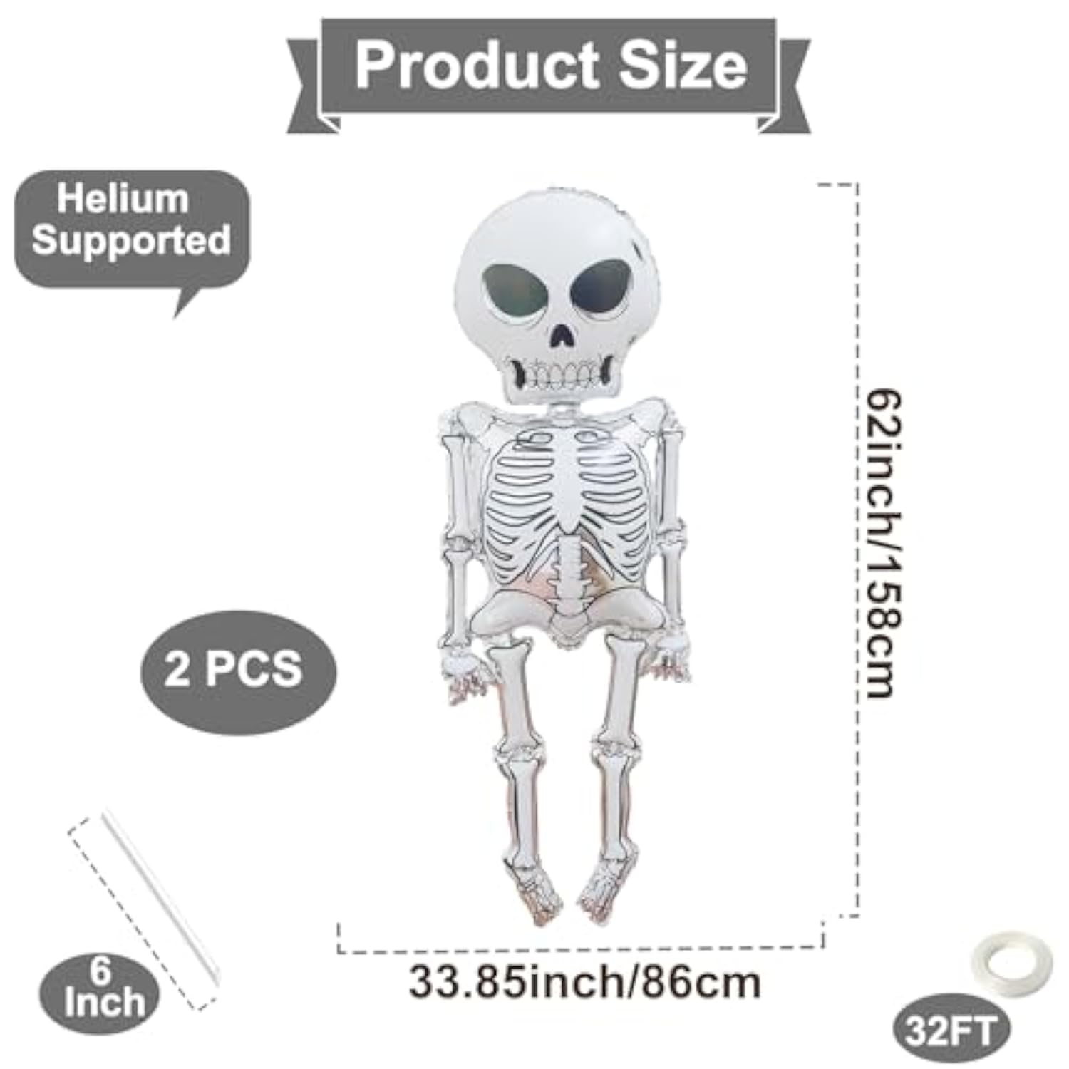 2Pcs 34x62" Scary Skeleton Foil Balloons - Life-Size Skull for Halloween & Haunted House
