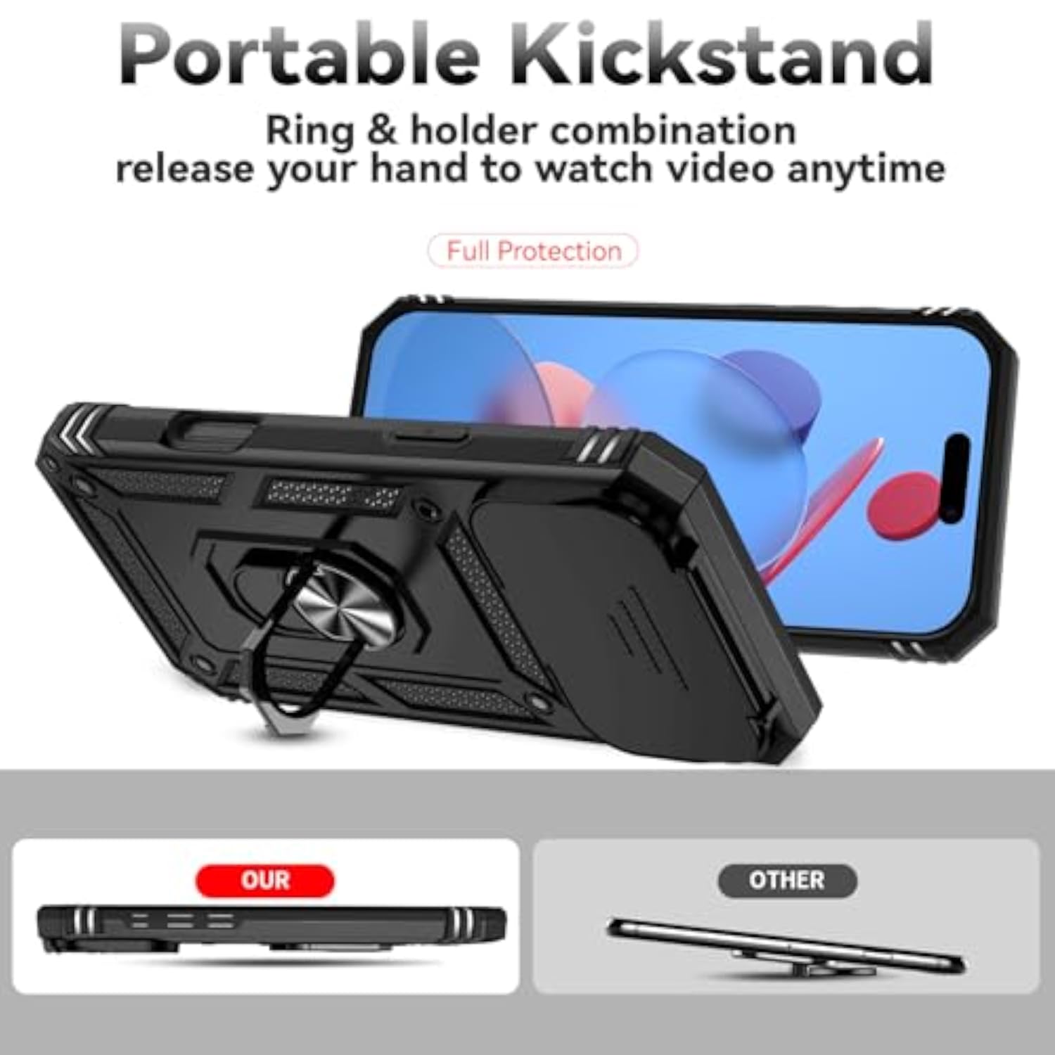 Military-Grade iPhone 17 Pro Max Phone Case with HD Screen Protector and Slide Camera Cover and Rotated Ring Kickstand, Black